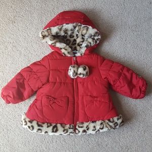 Bon Bebe Red Winter Coat with Leopard Fur Trim